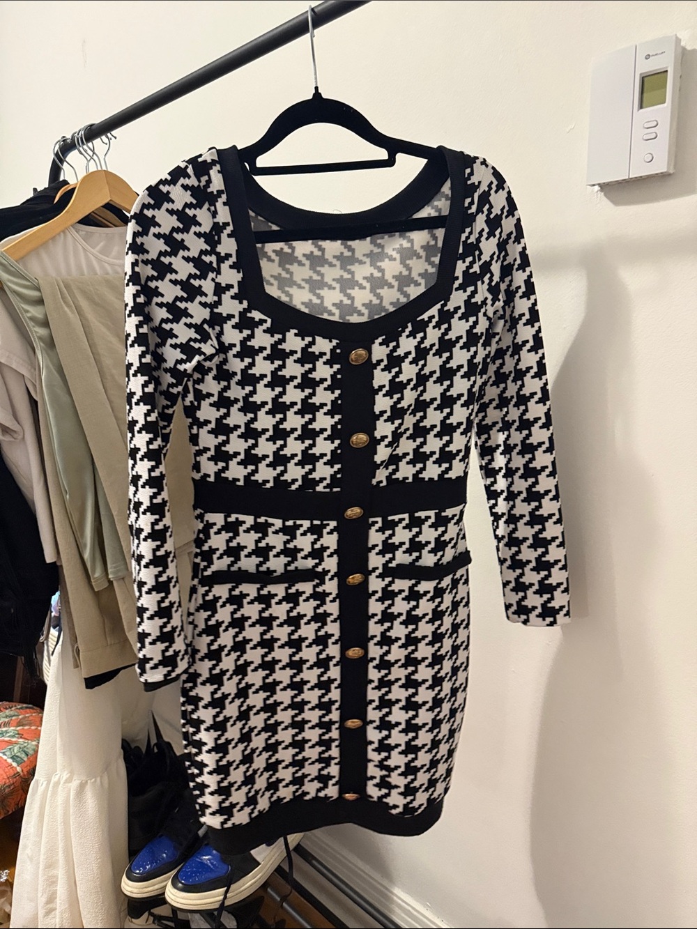 SHEIN Black & White Houndstooth Long Sleeve Button-Front Dress